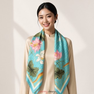 Khăn lụa vuông hai mặt họa tiết Hoa sen xanh  90x90cm